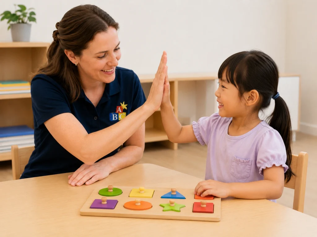 A female therapist and a young child play with colorful toys in a bright, modern therapy room