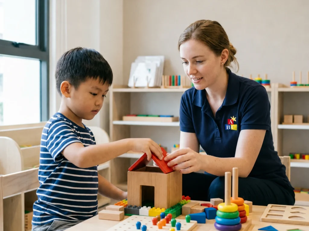 teacher and caucasian child learning together